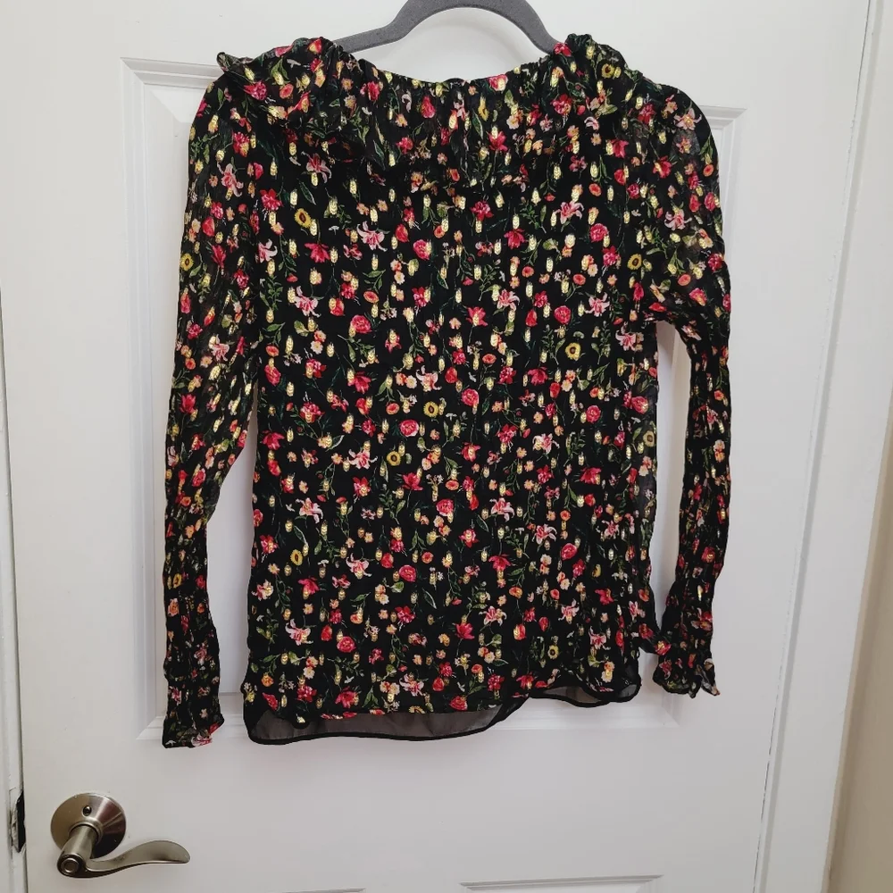 J CREW Ruffleneck top in midnight vintage floral Blouse Gold Metallic